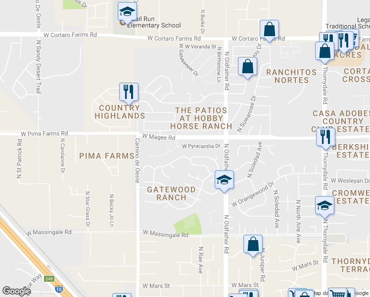 map of restaurants, bars, coffee shops, grocery stores, and more near 4357 West Pyracantha Drive in Tucson