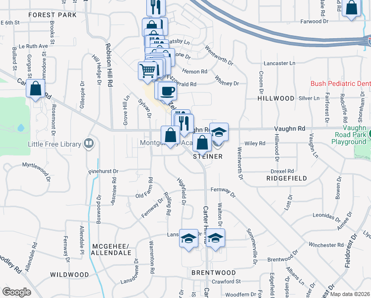 map of restaurants, bars, coffee shops, grocery stores, and more near 3199 Carter Hill Road in Montgomery