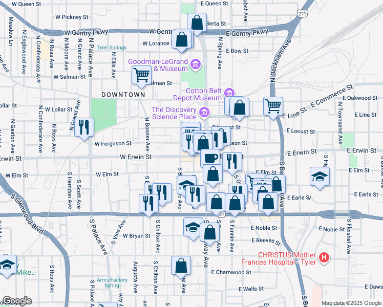 map of restaurants, bars, coffee shops, grocery stores, and more near 218 West Erwin Street in Tyler