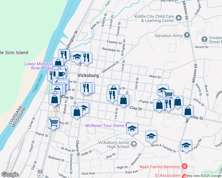 map of restaurants, bars, coffee shops, grocery stores, and more near 1300 Grove Street in Vicksburg