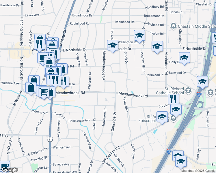 map of restaurants, bars, coffee shops, grocery stores, and more near 732 Meadowbrook Road in Jackson