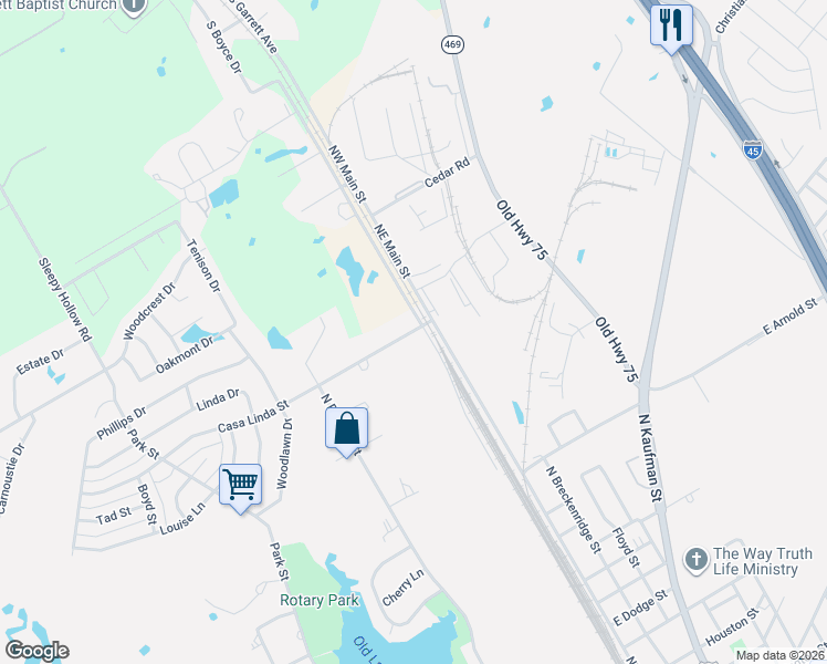 map of restaurants, bars, coffee shops, grocery stores, and more near 109 Casa Linda Street in Ennis