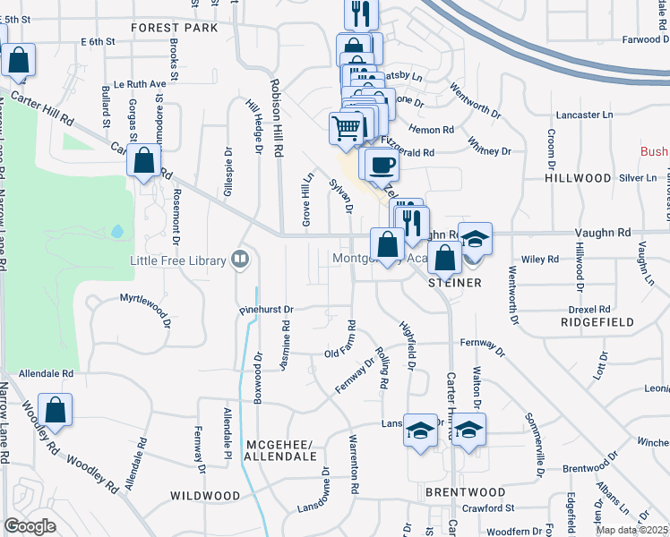 map of restaurants, bars, coffee shops, grocery stores, and more near 2942 Jamestown Drive in Montgomery
