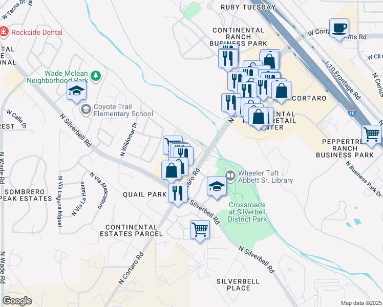 map of restaurants, bars, coffee shops, grocery stores, and more near 7901 North Cortaro Road in Tucson