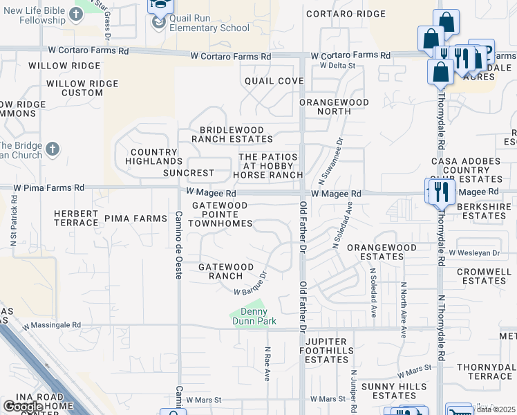 map of restaurants, bars, coffee shops, grocery stores, and more near 7918 North Roundstone Drive in Tucson