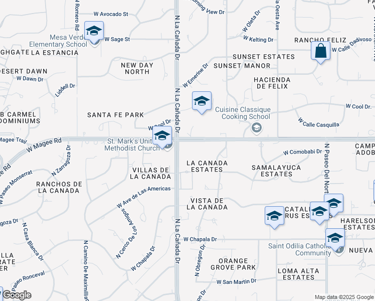 map of restaurants, bars, coffee shops, grocery stores, and more near 7900 North La Cañada Drive in Tucson