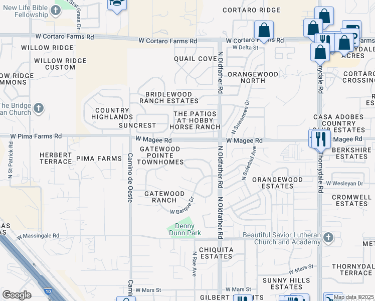 map of restaurants, bars, coffee shops, grocery stores, and more near 7918 North Roundstone Drive in Tucson