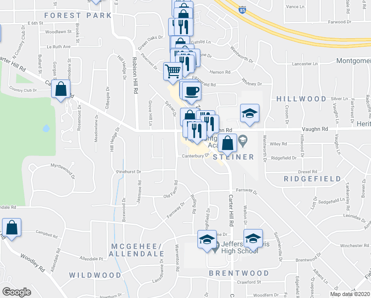 map of restaurants, bars, coffee shops, grocery stores, and more near 2912 Canterbury Drive in Montgomery