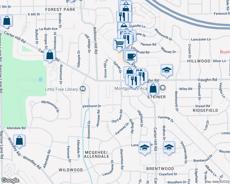 map of restaurants, bars, coffee shops, grocery stores, and more near 2942 Jamestown Drive in Montgomery