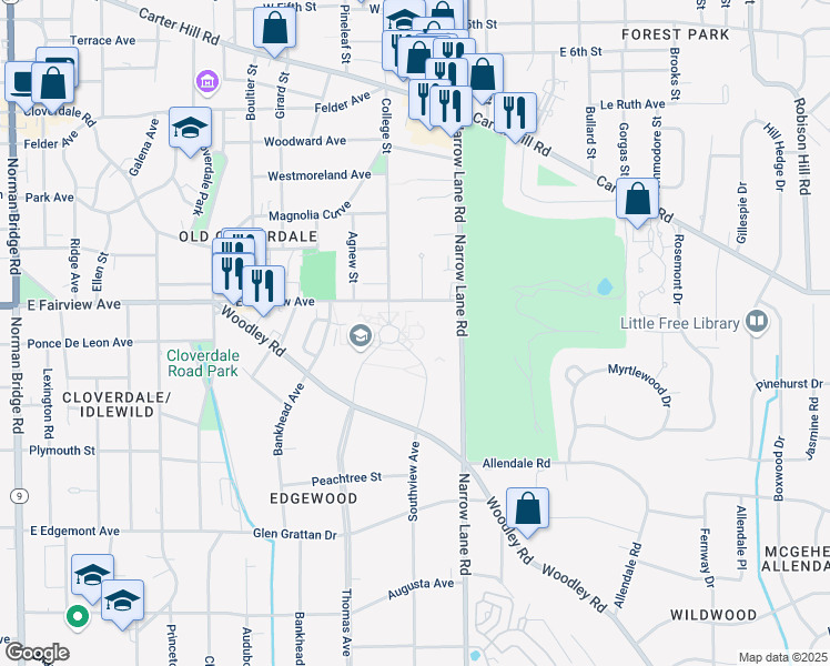 map of restaurants, bars, coffee shops, grocery stores, and more near Jim Wilson Loop E in Montgomery