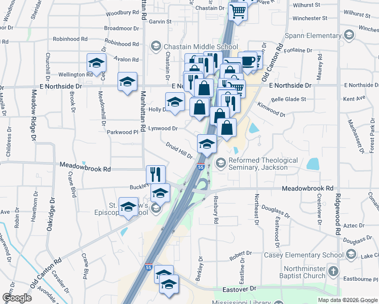 map of restaurants, bars, coffee shops, grocery stores, and more near 1177-1299 Druid Hill Dr in Jackson