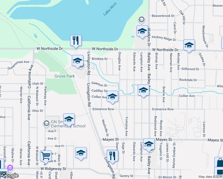 map of restaurants, bars, coffee shops, grocery stores, and more near 1327 Cadillac Drive in Jackson