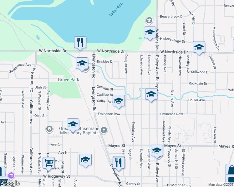 map of restaurants, bars, coffee shops, grocery stores, and more near 1327 Cadillac Drive in Jackson
