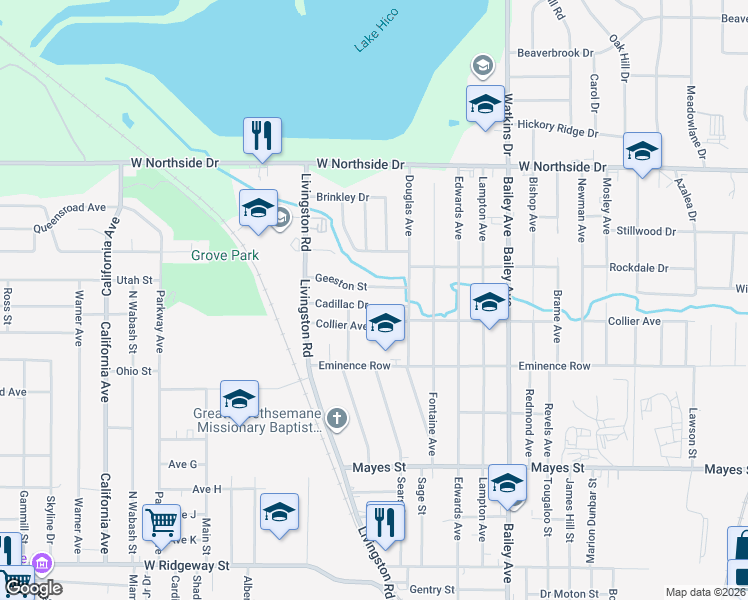 map of restaurants, bars, coffee shops, grocery stores, and more near 1327 Cadillac Drive in Jackson
