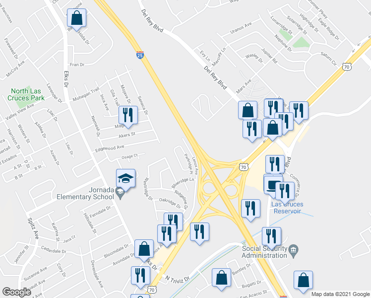 map of restaurants, bars, coffee shops, grocery stores, and more near 3394 Parkridge Place in Las Cruces