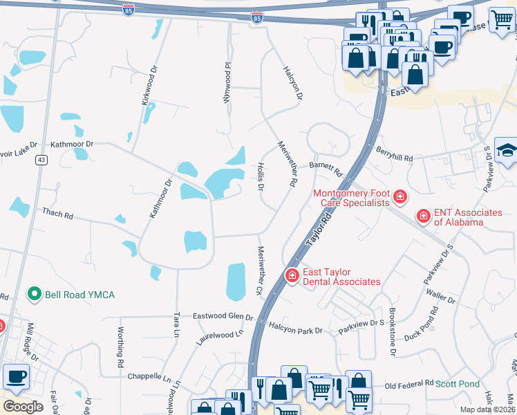 map of restaurants, bars, coffee shops, grocery stores, and more near 6666 Hollis Drive in Montgomery
