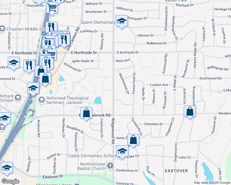 map of restaurants, bars, coffee shops, grocery stores, and more near 4326 Ridgewood Road in Jackson