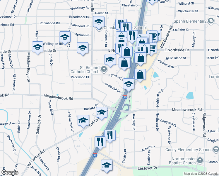 map of restaurants, bars, coffee shops, grocery stores, and more near 1177 Druid Hill Drive in Jackson