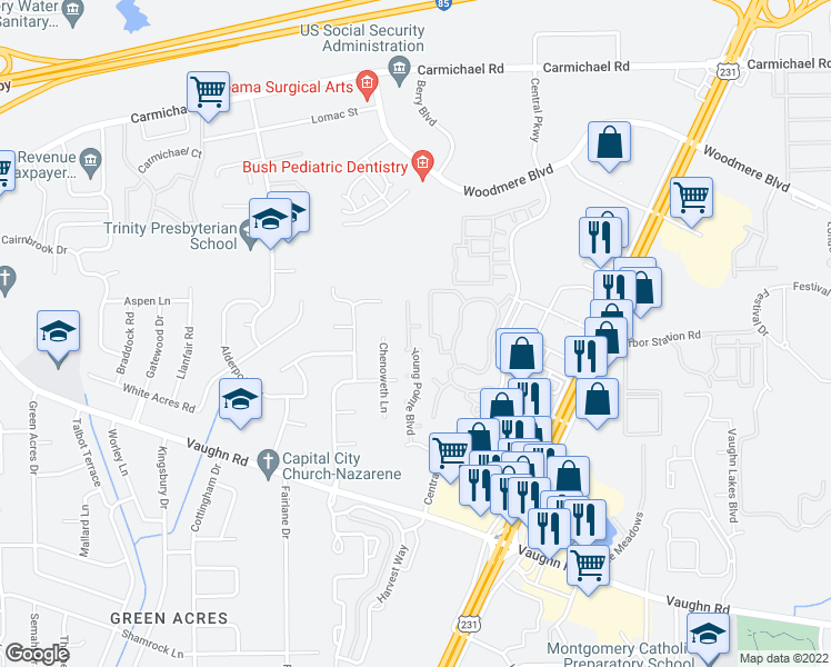 map of restaurants, bars, coffee shops, grocery stores, and more near 4646 Young Meadow Chase in Montgomery