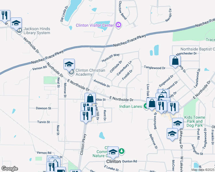 map of restaurants, bars, coffee shops, grocery stores, and more near 319 Avondale Drive in Clinton