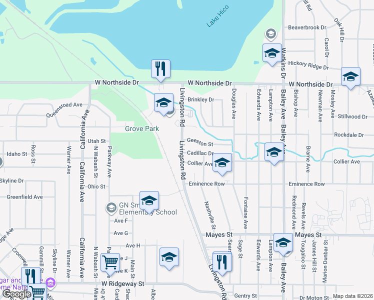 map of restaurants, bars, coffee shops, grocery stores, and more near 3612 Livingston Road in Jackson