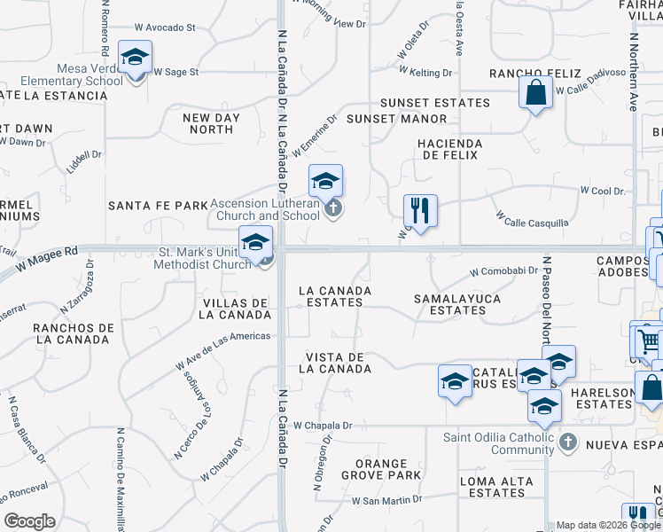 map of restaurants, bars, coffee shops, grocery stores, and more near 1313 West Magee Road in Tucson