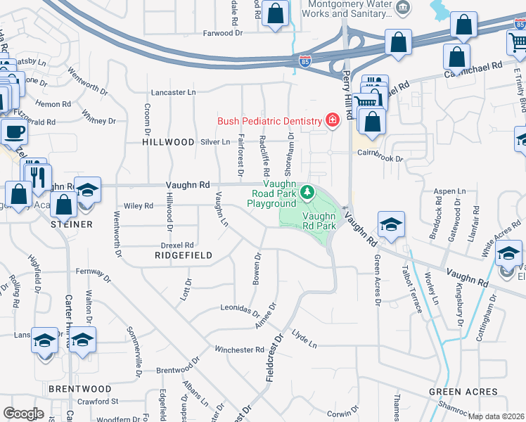 map of restaurants, bars, coffee shops, grocery stores, and more near 3637 Wiley Road in Montgomery