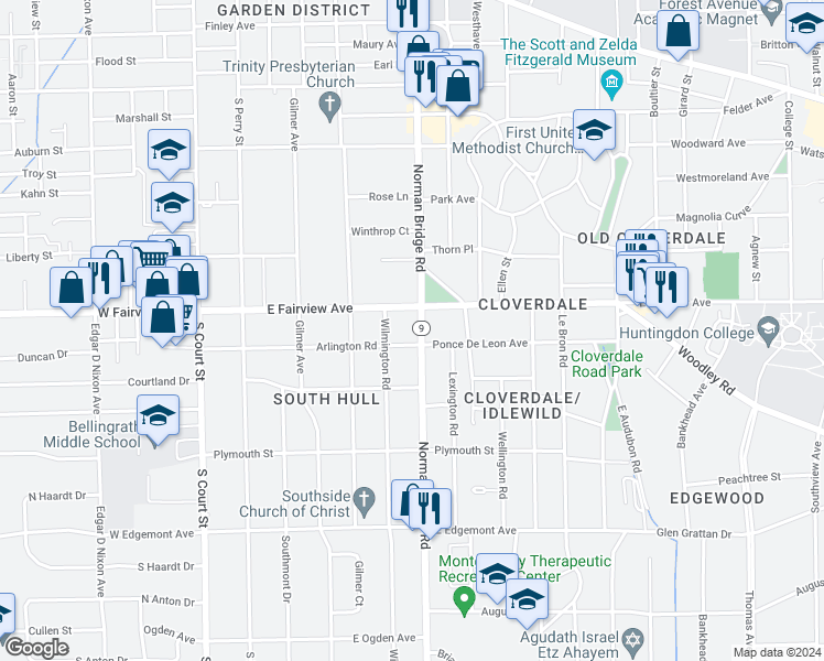 map of restaurants, bars, coffee shops, grocery stores, and more near 3101 Norman Bridge Road in Montgomery
