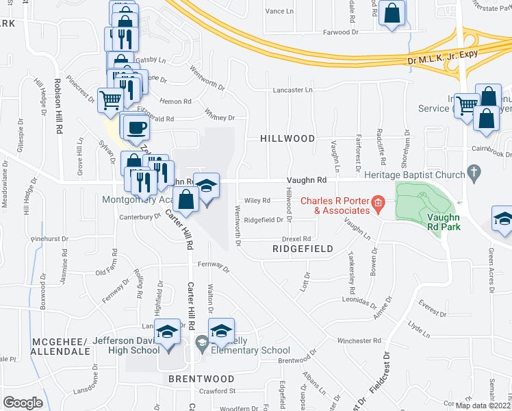 map of restaurants, bars, coffee shops, grocery stores, and more near 3318 Wiley Road in Montgomery