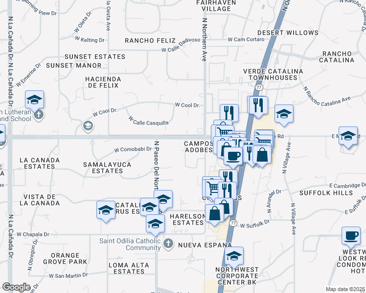map of restaurants, bars, coffee shops, grocery stores, and more near 7956 North Placita Del Campo in Tucson