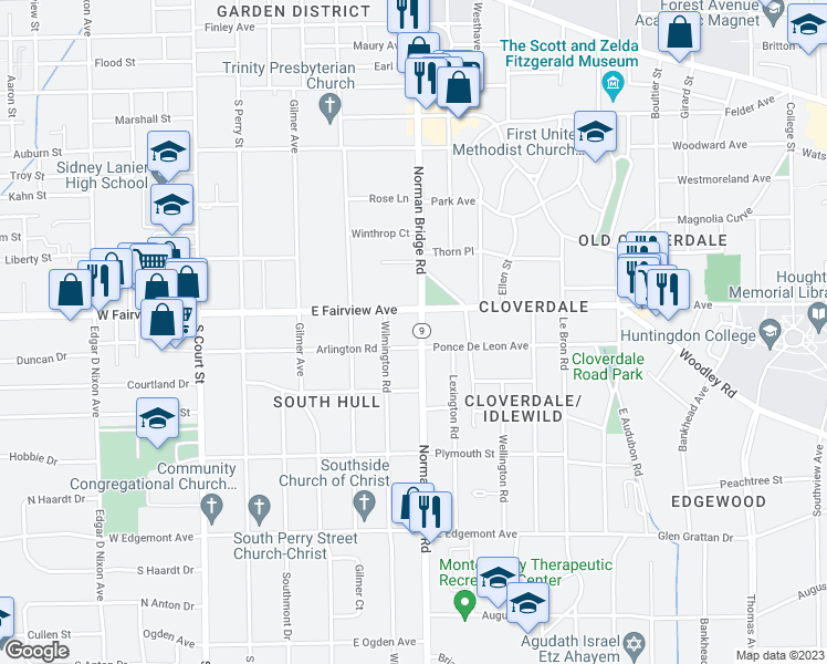 map of restaurants, bars, coffee shops, grocery stores, and more near 3032 Norman Bridge Road in Montgomery