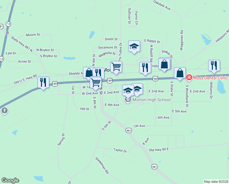 map of restaurants, bars, coffee shops, grocery stores, and more near 188 7th Street in Morton
