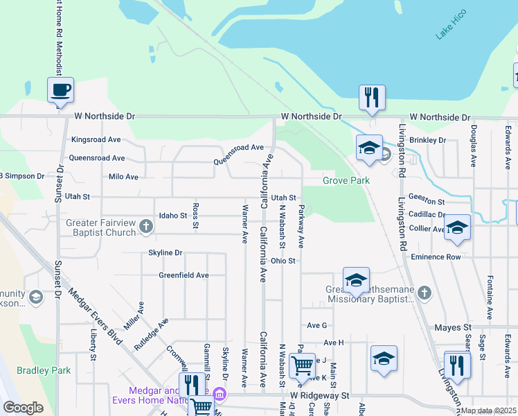 map of restaurants, bars, coffee shops, grocery stores, and more near 4101 California Avenue in Jackson