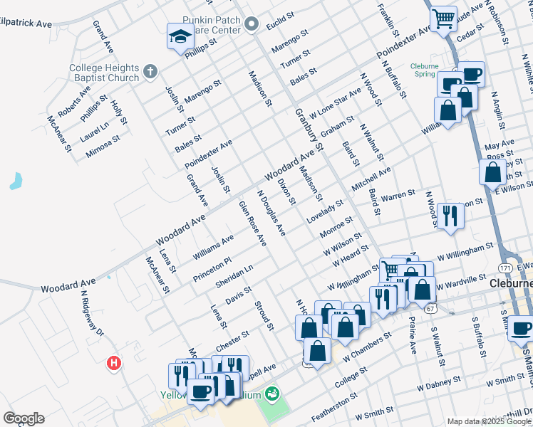 map of restaurants, bars, coffee shops, grocery stores, and more near 707 North Douglas Avenue in Cleburne