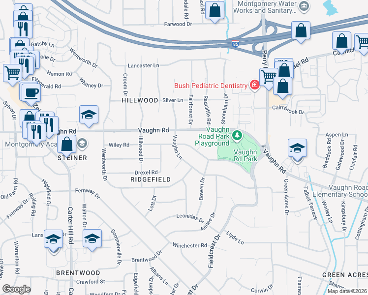 map of restaurants, bars, coffee shops, grocery stores, and more near 3550 Wiley Road in Montgomery
