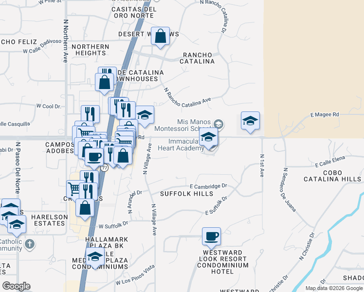 map of restaurants, bars, coffee shops, grocery stores, and more near 7921 North Royal Court in Tucson