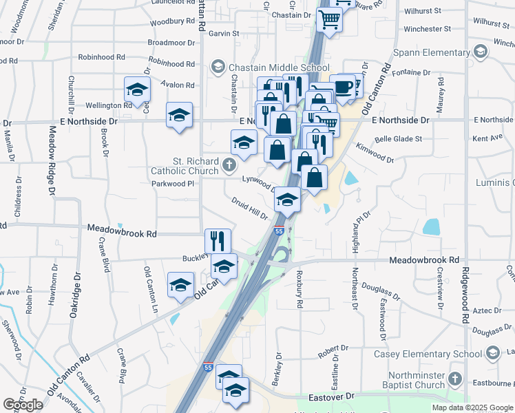 map of restaurants, bars, coffee shops, grocery stores, and more near 1177-1299 Druid Hill Dr in Jackson