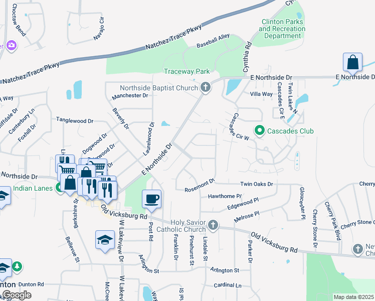 map of restaurants, bars, coffee shops, grocery stores, and more near 1300 Rosemont Drive in Clinton