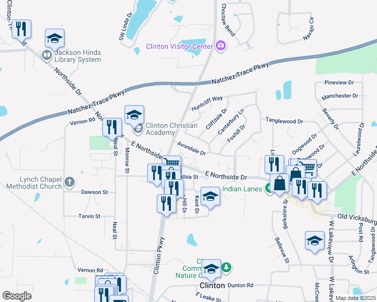 map of restaurants, bars, coffee shops, grocery stores, and more near 451 East Northside Drive in Clinton