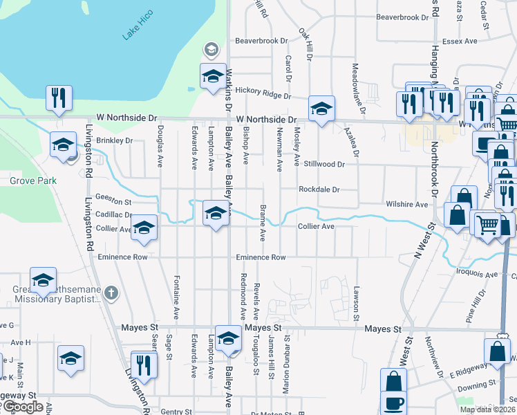 map of restaurants, bars, coffee shops, grocery stores, and more near 3610 Brame Avenue in Jackson