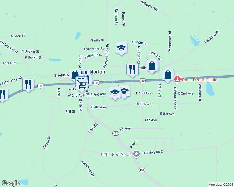 map of restaurants, bars, coffee shops, grocery stores, and more near 265 East 2nd Avenue in Morton
