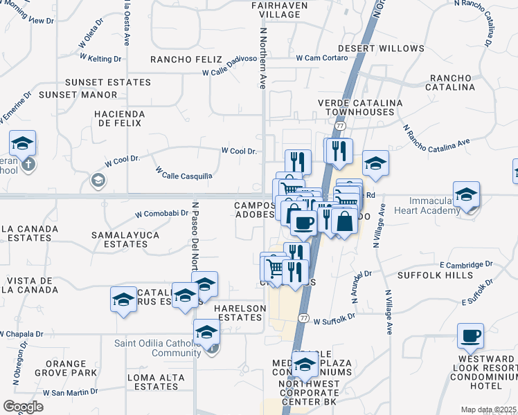 map of restaurants, bars, coffee shops, grocery stores, and more near 625 West Placita Campo De Adobes in Tucson