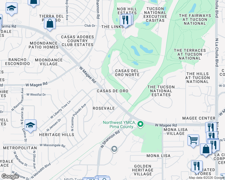 map of restaurants, bars, coffee shops, grocery stores, and more near 2735 West Casas Circle in Tucson