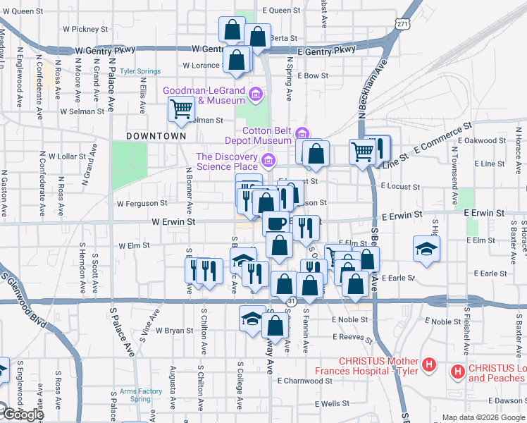 map of restaurants, bars, coffee shops, grocery stores, and more near in Tyler