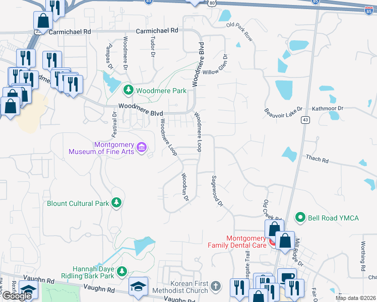 map of restaurants, bars, coffee shops, grocery stores, and more near 6036 Arbor Glen Drive in Montgomery