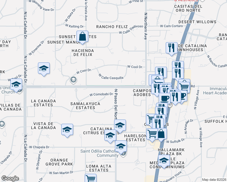 map of restaurants, bars, coffee shops, grocery stores, and more near 811 West Calle Casquilla in Tucson