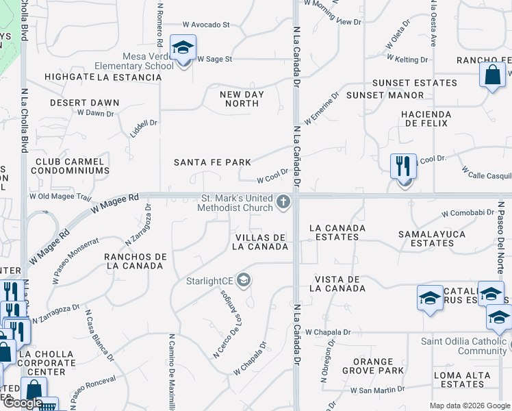 map of restaurants, bars, coffee shops, grocery stores, and more near 1519 West Cool Drive in Tucson