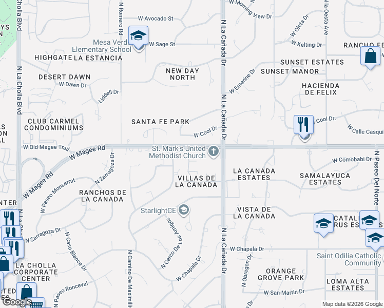 map of restaurants, bars, coffee shops, grocery stores, and more near 1519 West Cool Drive in Tucson