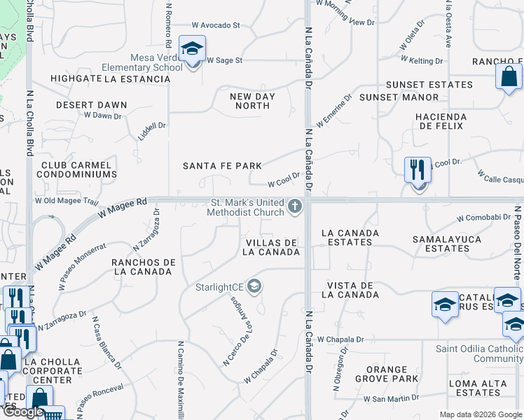 map of restaurants, bars, coffee shops, grocery stores, and more near 1519 West Cool Drive in Tucson