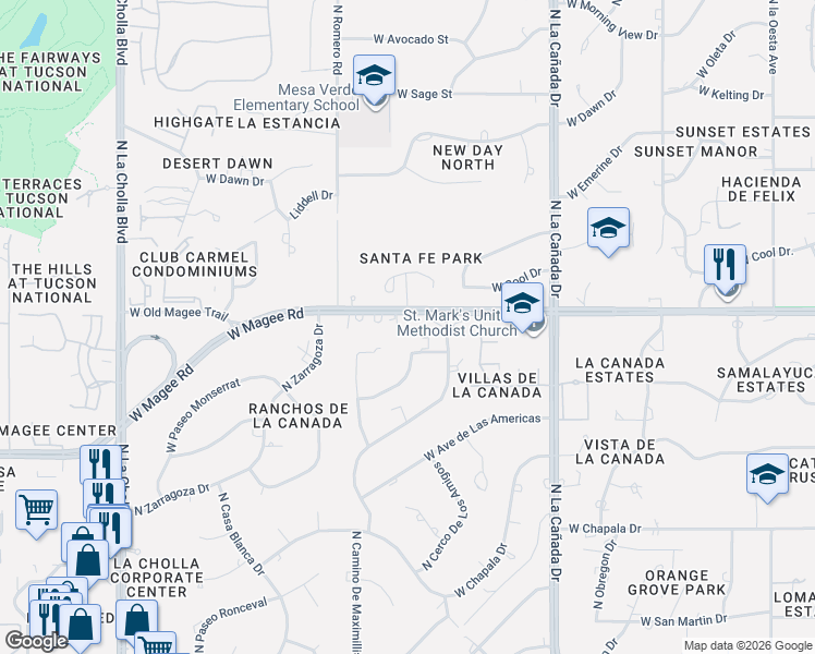 map of restaurants, bars, coffee shops, grocery stores, and more near 8020 North Totavi Trail in Tucson